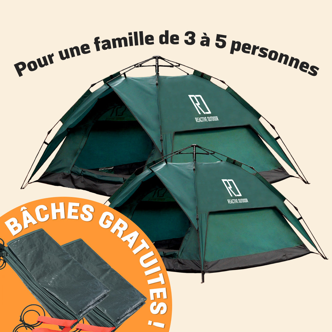 1 Tente Petite + 1 Tente 3 Secs Tent Grande + 2 Bâches de camping GRATUITES (Pack Famille).
