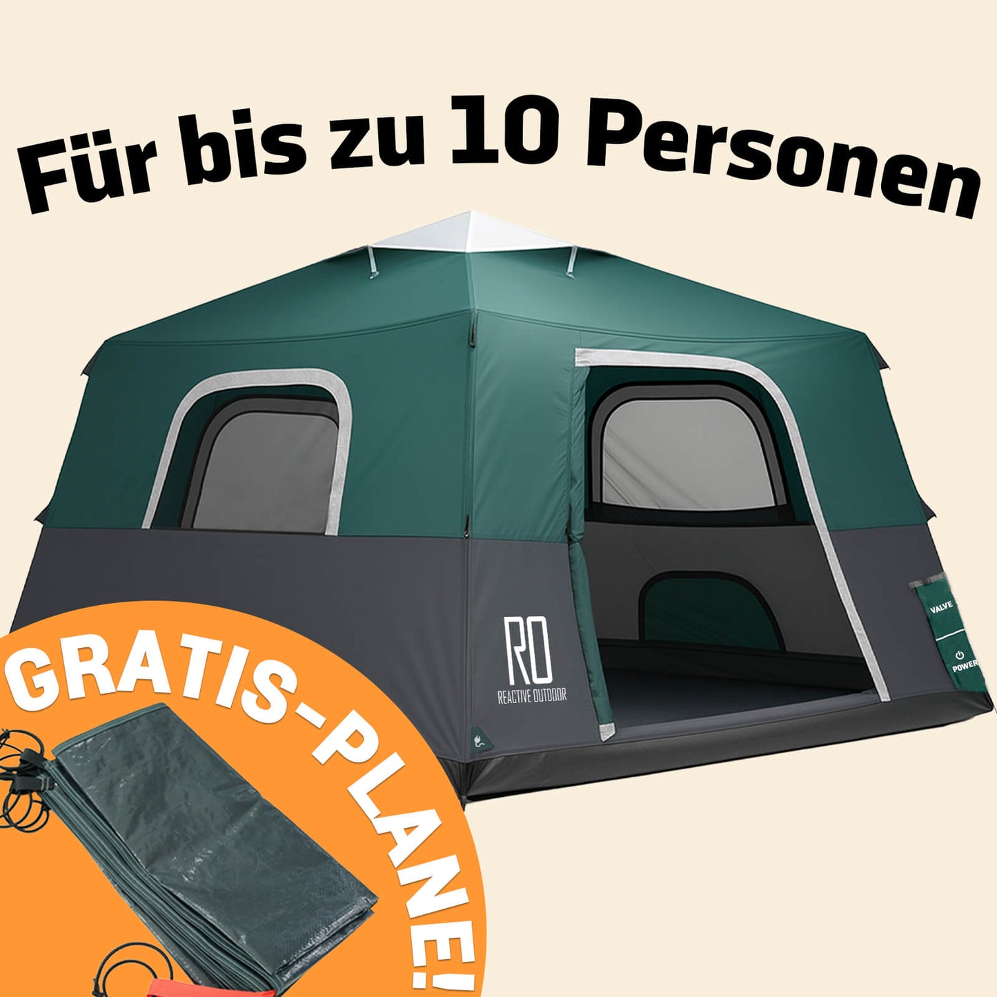 Extragroßes 2-Schritt-Kabinenzelt + KOSTENLOSE Camping-Plane (für bis zu 10 Personen, DE).