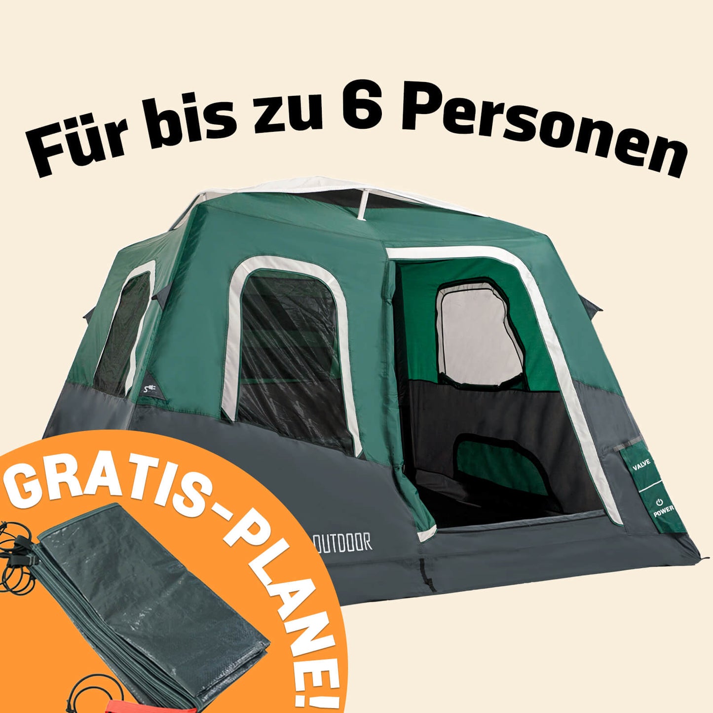 Großes 2-Schritt-Kabinenzelt + KOSTENLOSE Camping-Plane (für bis zu 6 Personen, DE)